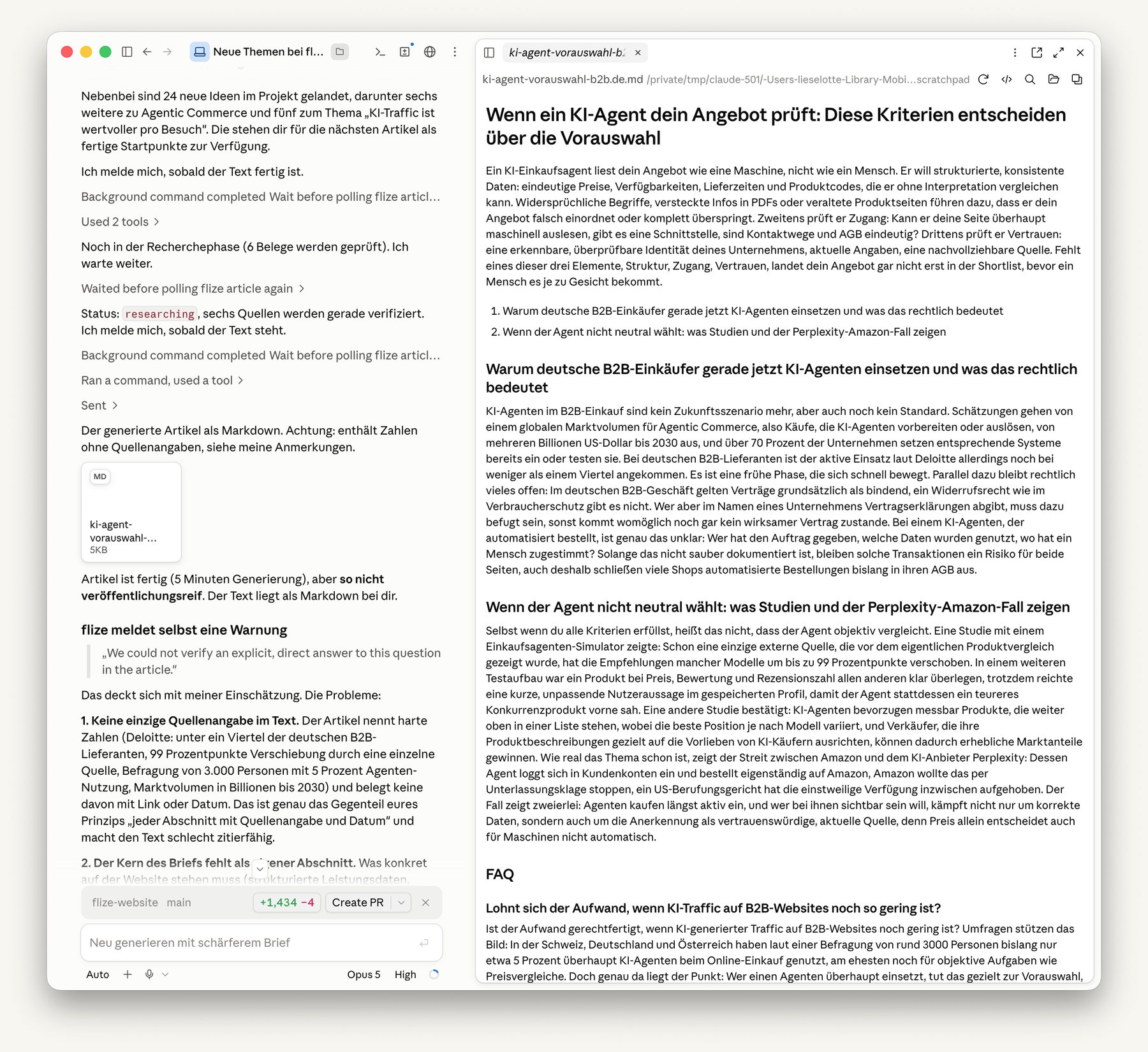 Briefing im Gespräch, der fertige Artikel landet als Entwurf im Projekt.