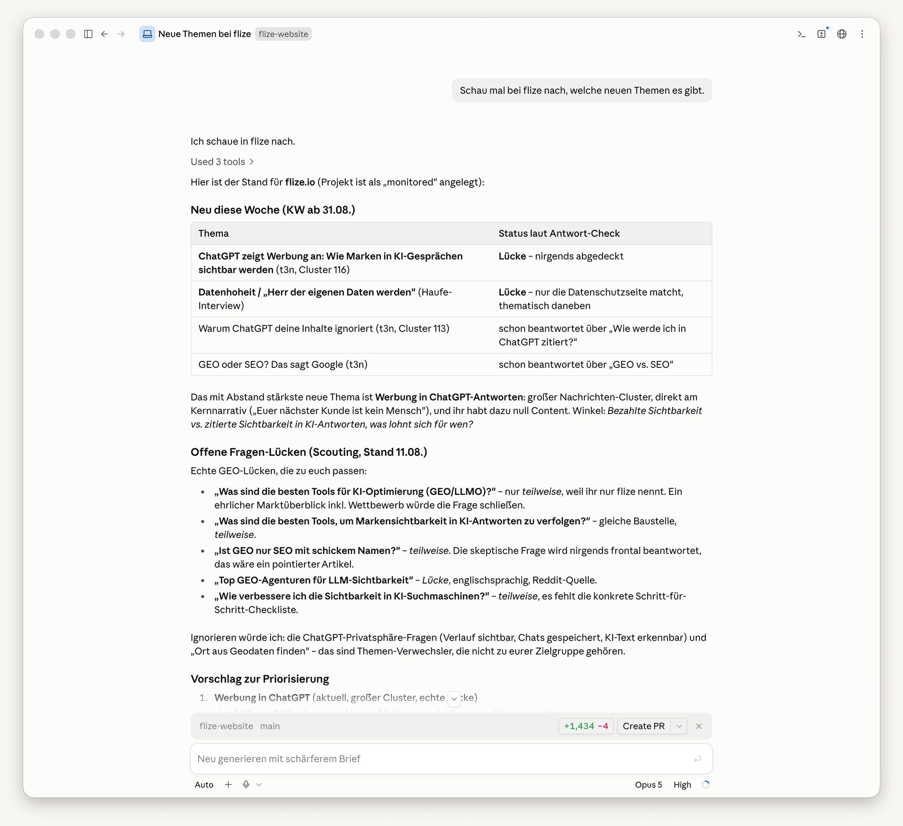 Eine Frage im Assistenten, die Antwort kommt aus deinem Projekt: neue Themen der Woche mit Status aus dem Antwort-Check.