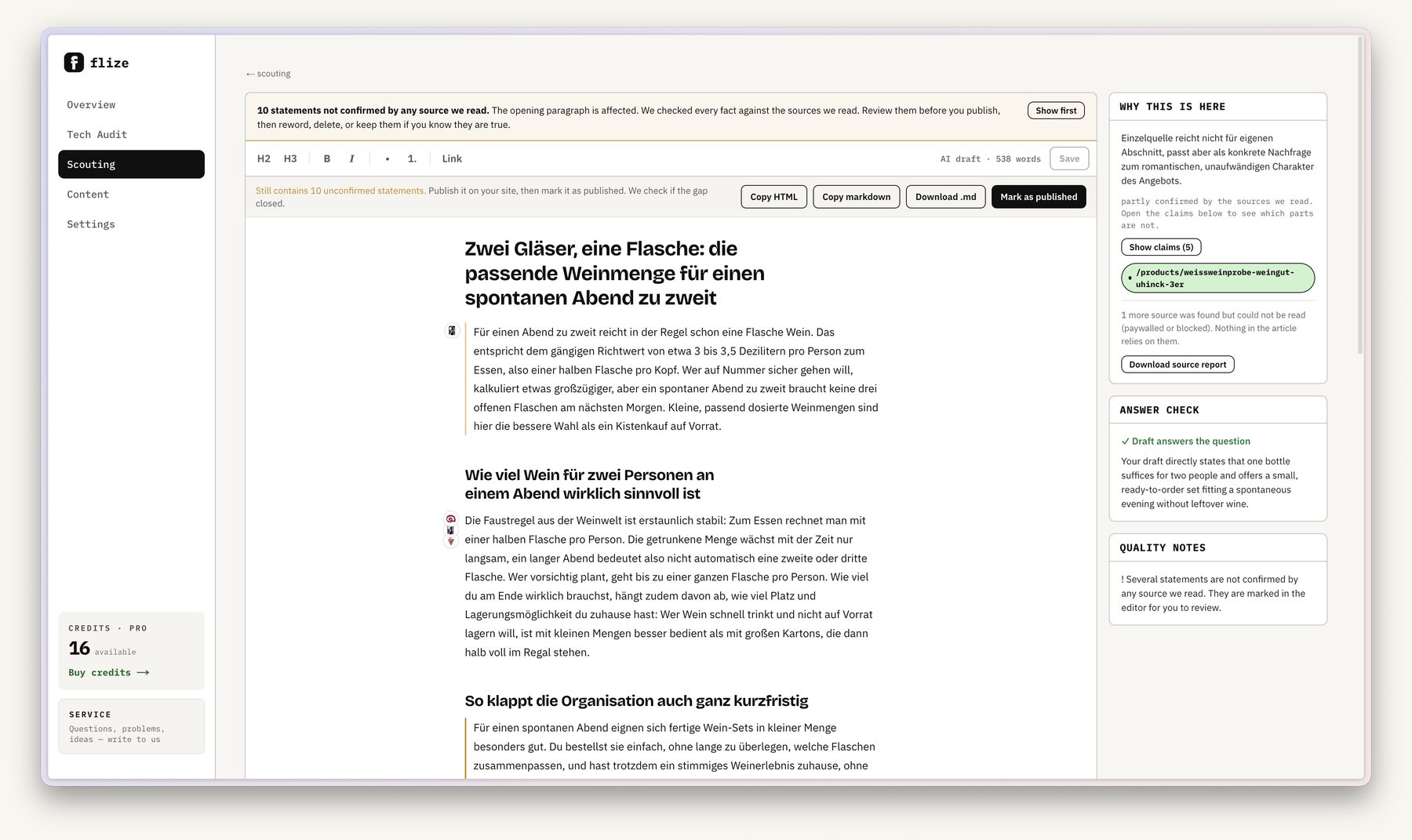 Der Entwurf mit Claim-Prüfung, Antwort-Check und Hinweisen zur Qualität.