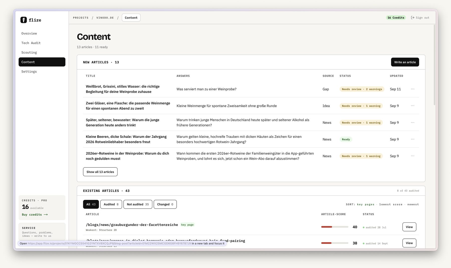 Neue Artikel mit Anlass, beantworteter Frage und Status, bereit zum Review.