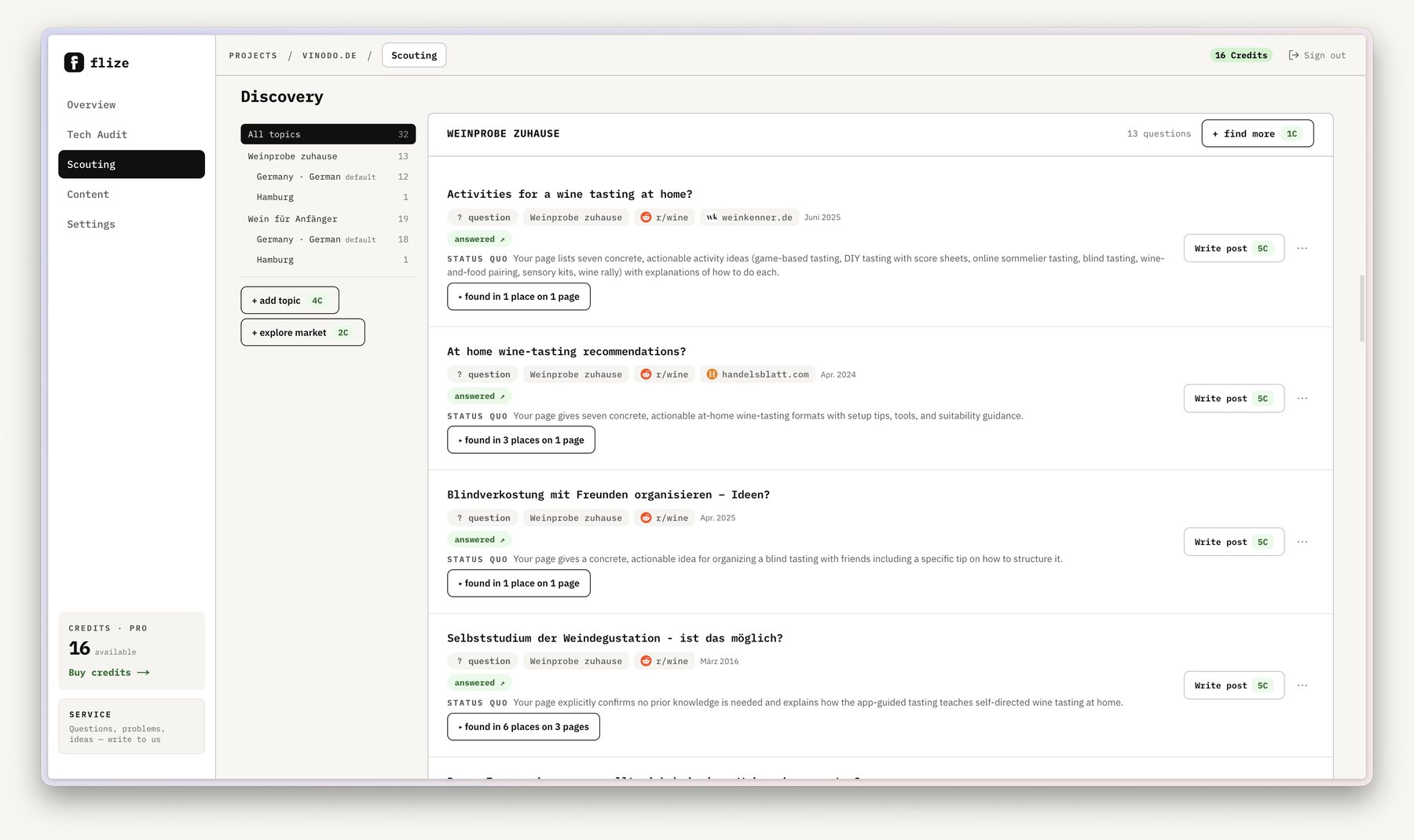 Discovery: the questions from your market, each with its status against your pages.