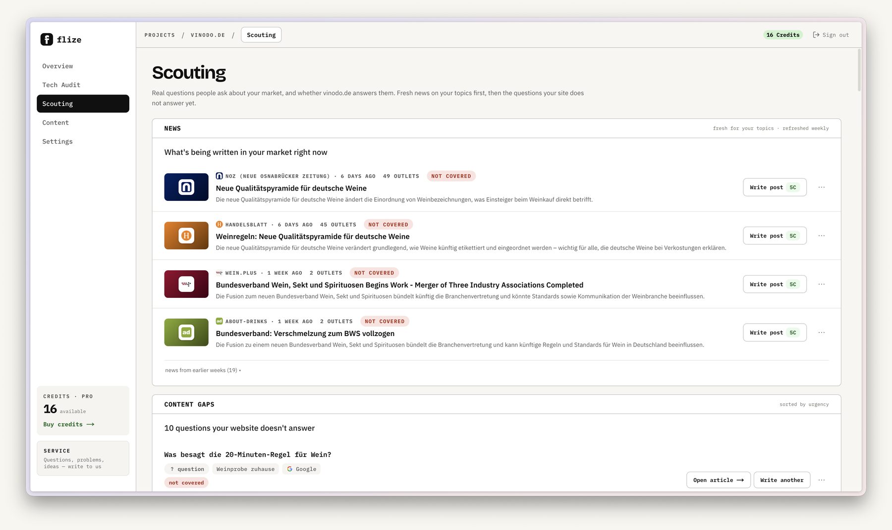 News from your market, each with source, age and reach, and the status against your website next to it.