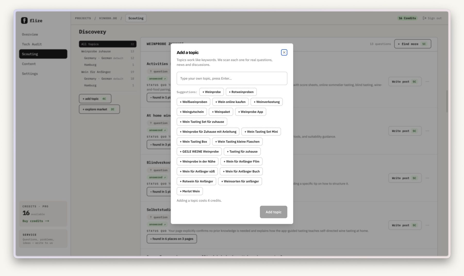 Creating topics with suggestions from your market, each topic with region and language.